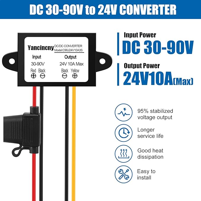 Yancincny 24V 10A 240W DC-DC Buck Converter 30V-90V to 24 Volt 10A Transformer - 36V 48V Step Down to 24V Waterproof Power Supply for Truck/RV/Marine/Solar - Overload and Short Circuit Protection