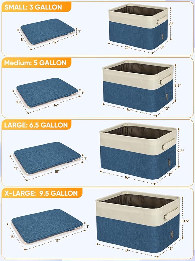 BALEINE 2 Pack Fabric Storage Bins for Shelves, Linen Storage Baskets for Organizing, Decorative Closet Bins for Clothes, Home (Navy Blue, 14''x10''x8.5'')