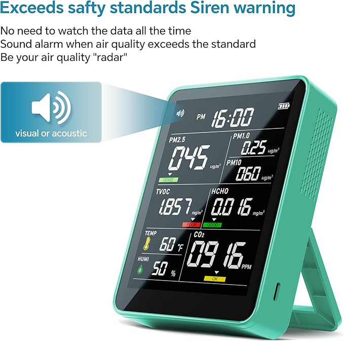 Air Quality Monitor Indoor,13-in-1 Smart Air Quality Tester with PM 2.5, CO2, TVOC, HCHO, PM1, AQI, PM10, Temperature & Humidity, Real Time Display, Battery Powered, for Home & Office (Green)