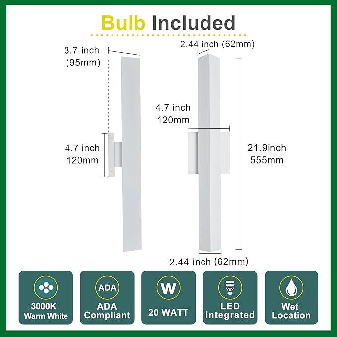Tarentlight 21.9IN LED Outdoor Aluminum Wall Lights,20W Dimmable, IP65 Waterproof, Modern Textured White Indoor & Exterior Lighting Fixtures, Long Exterior Wall Lights for Garage, Front Door