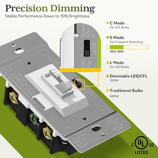 TG Toggle Dimmer Switch for LED, CFL, Incandescent Bulbs, Single-Pole or 3-Way, 2-Wire, No Neutral Required, Quiet Glide, UL-Listed, Wall Plate Included, White, 10-Pack