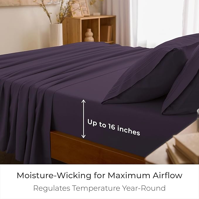 Mellanni Full Sheet Set - 6-Piece Iconic Collection Bedding, (Including 4 Pillowcases), 16-Inch Deep Pocket, Easy Care, Extra Soft, Cooling Sheets, Brushed Microfiber - Purple