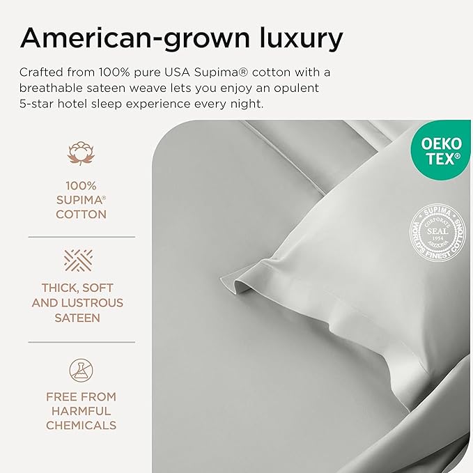 Threadmill Luxury Supima Cotton Sheets, 1200 Thread Count Soft 100% Cotton Sheets for King Size Bed, 4 Pc Light Grey King Bed Sheets Set, 5-Star Hotel Quality with Elasticized Deep Pocket King Sheet