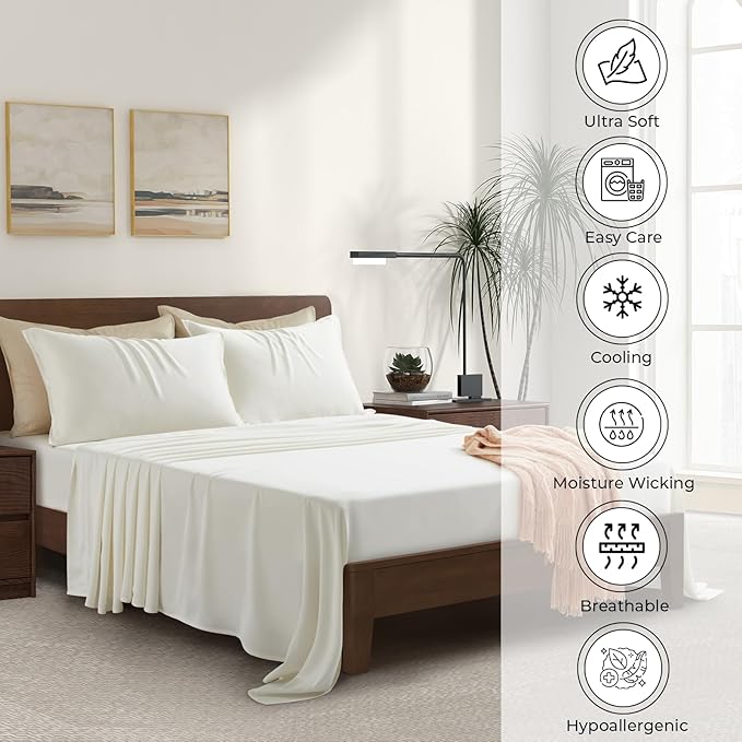 Full Size Sheet Set | 100% Viscose | Organically Grown | Ultra Soft | Cooling Sheets for Hot Sleepers | 17" Deep Pocket [Ivory]