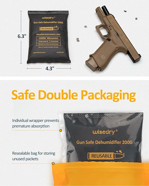 wisedry 200 Grams x 4 Packs Gun Safe Dehumidifier, Reusable Moisture Absorber for Gun Safes, Rechargeable Gun Safe Silica Gel Desiccant