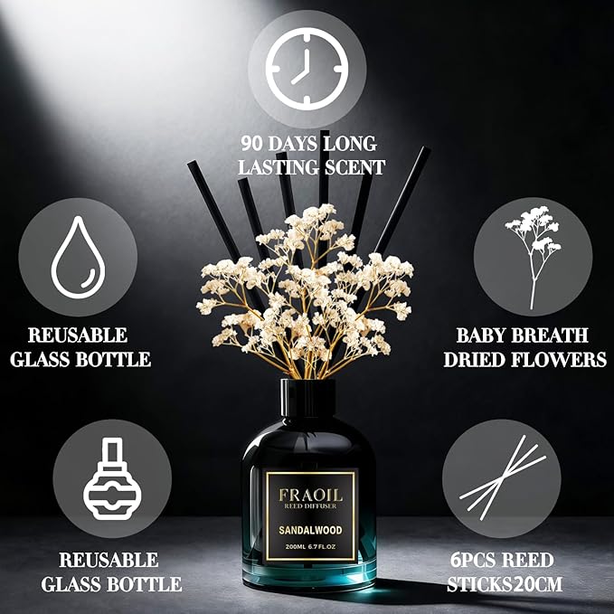 Sandalwood Reed Diffuser, Reed Diffuser Set 6.7 fl oz (200 ml) with 6 Reed Sticks, Home Fragrance Reed Diffuser for Bathroom Shelf House Bedroom Office Decor