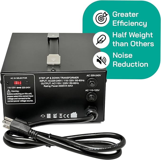 LiteFuze 3000 Watt Voltage Converter Transformer Step Up/Down - 110v to 220v / 220v to 110v Power Converter - Fully USA Grounded Cord - Universal Outlet Socket, CE Certified