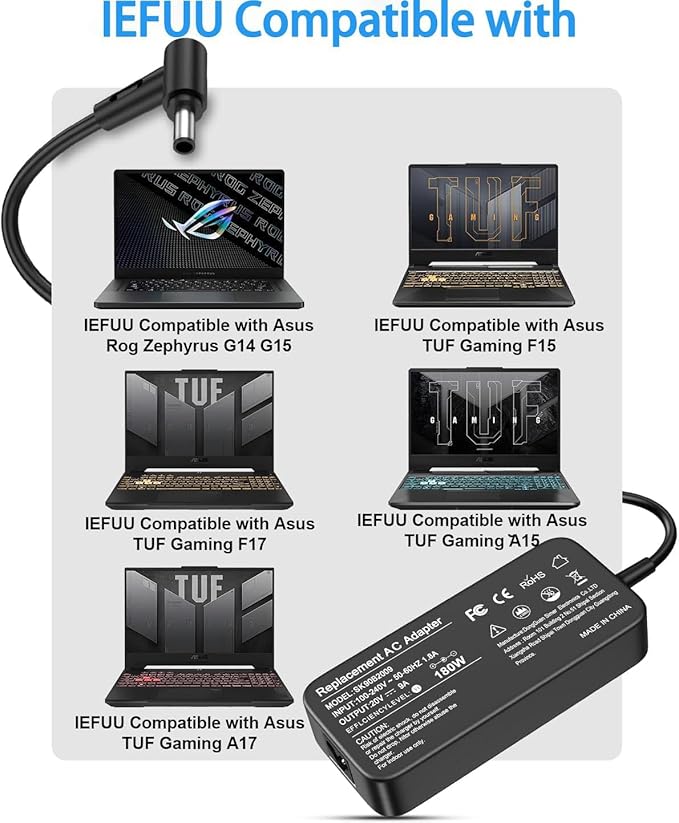 IEFUU 180W Laptop Charger Compatible with ASUS ROG Zephyrus G14 2022 2023 2024 GA401 GA401I G15 GA502 GA502D GA502DU TUF Gaming F15 F17 FX505D FX505G FX505DD Gaming ADP-180TB H AC Adapter Power Cord