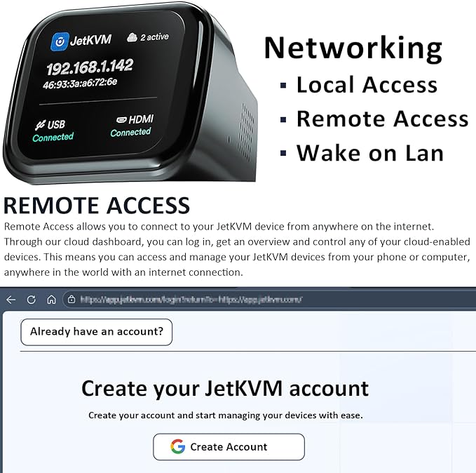 JetKVM KVM Over IP Computer Remotely Control, IP KVM Open-Source Touchscreen LCD for IP/MAC/HDMI/USB Status, KVM Switch for Home Offices & Data Center 1080p 60FPS Ultra-Low Latency