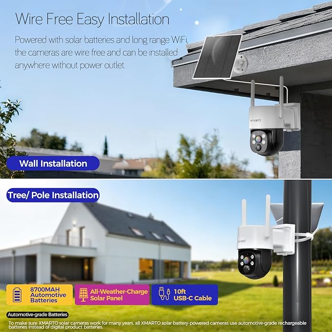 [Night Color] XMARTO 2K HD Wireless Solar Security Camera System with Starlight Color Night Vision, PTZ Control, Long Range WiFi6, Easy Mobile View, HDMI View on Monitor/TV, 0 Monthly Fee, 1TB HDD