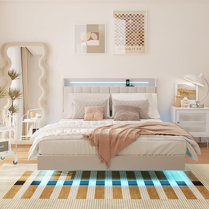 Queen Size Floating Bed Frame with LED Lights & USB Charging Ports, Upholstered Platform Bed with Storage Headboard & Hidden Shelves, Modern Floating Design for Bedroom or Guest Room, Beige