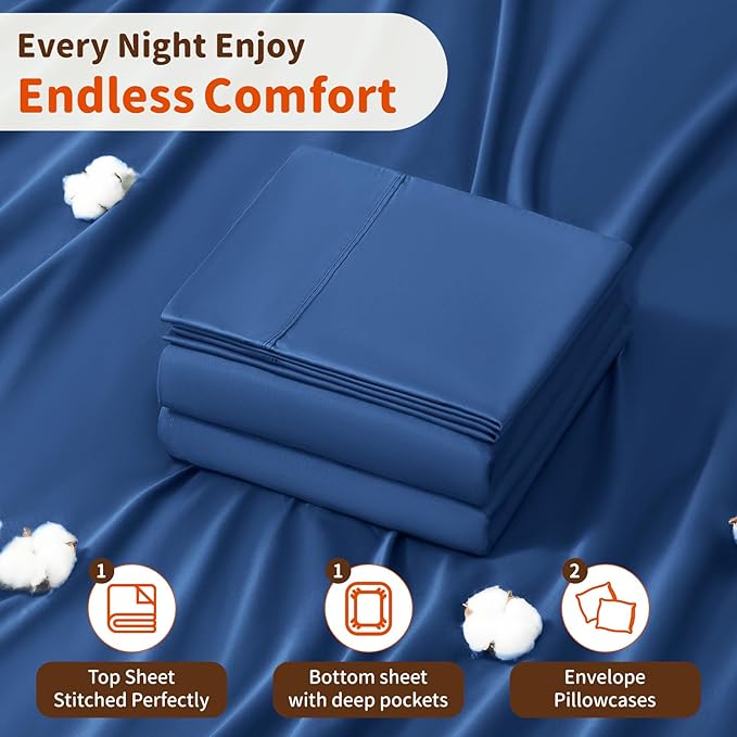 LBRO2M 100% Cotton Sheets Set Deep Pocket 24", 1000 Thread Count California King Size 4 Piece Bed Sheet Sets Soft Comfortable Bedding All Season (California King, Navy Blue)