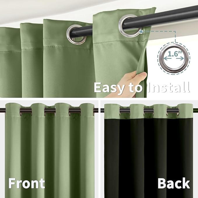 BGment Thermal Insulated 100% Blackout Curtains for Bedroom with Black Liner, Double Layer Full Room Darkening Noise Reducing Grommet Curtain (52 x 90 Inch, Grass Green, 2 Panels)