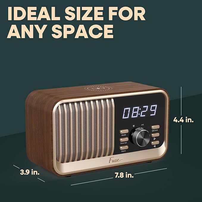Fuse Hark Bluetooth Radio Speaker | Wireless 10W Charger | FM Radio Speaker with Bluetooth & AUX Input | Alarm Clock | 3 Level Dimmer | Charging Block Included