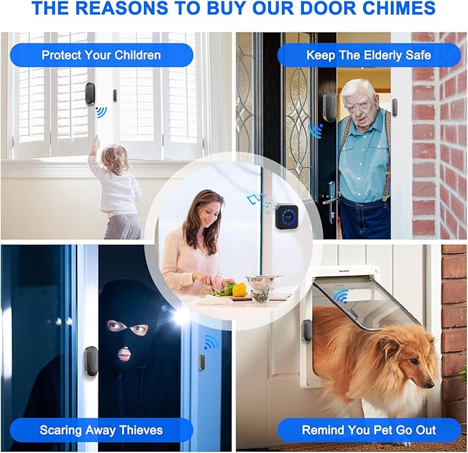 Wireless Door Chime for Business Home Office When Entering Door Alarms When Opened with 800Ft Range 55 Chimes 5 Volume Levels (1 Receiver & 4 Sensor)