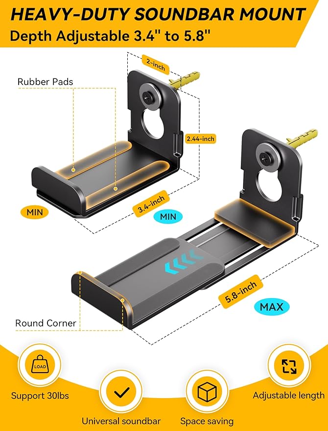 MUAKIOY SoundBar Wall Mounts, Universal Sound Bar Brackets Under TV, Depth Adjustable 3.4" to 5.8" for More Soundbars, Dual Spearkers Holders with All Hardware Kit