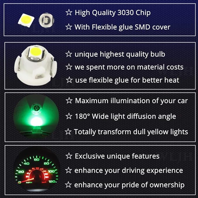 WLJH Green Climate A/C Control Dashboard Heater Dash Indicator Light Switch Led Bulbs Replacement Kit For Camry Corolla Tacoma Matrix, Pack of 10