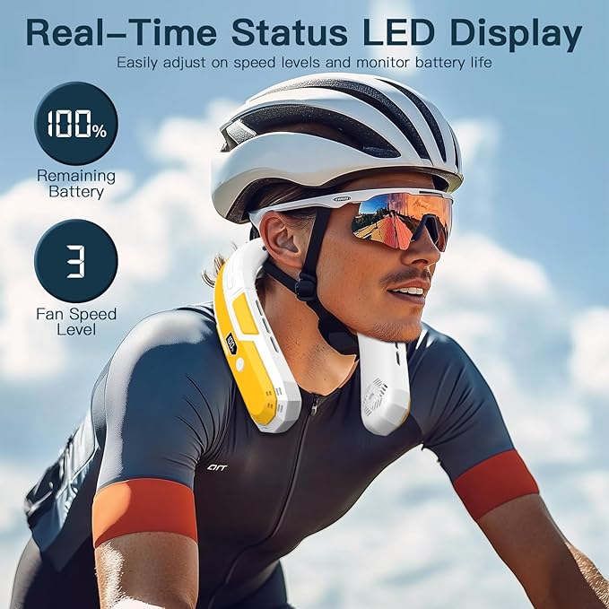 WXX Portable Neck Fan, 6000mAh Battery Neck Fan Rechargeable, 360° Cooling Personal Fan, 3 Speeds Foldable Quiet Wearable Fan for Travel Outdoor Indoor, Birthday Gifts for Men Women-White&Yellow