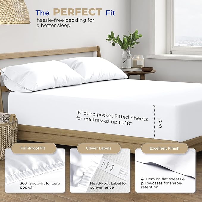 THREAD SPREAD 100% Cotton Sheets Twin Size - 400 Thread Count Cotton Bed Sheets Twin, 3 PC Set (White), Luxury Soft, Breathable, Cooling, Sateen Weave 16" Deep Pocket Bedsheet for Dorm Rooms
