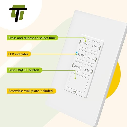 TG 30-Min Countdown Timer Switch, Neutral Required in Wall Timer for Bathroom Fans, Lights, Heaters, with On/Off Switch, TS-C30M, White, 5 Pack