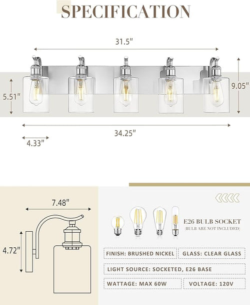 5 Light Bathroom Vanity Light, Brushed Nickel Vanity Lights for Morden Bathroom Lighting Fixtures Over Mirror Wall Light Fixtures with Clear Glass Shade ZCVL01BN-5
