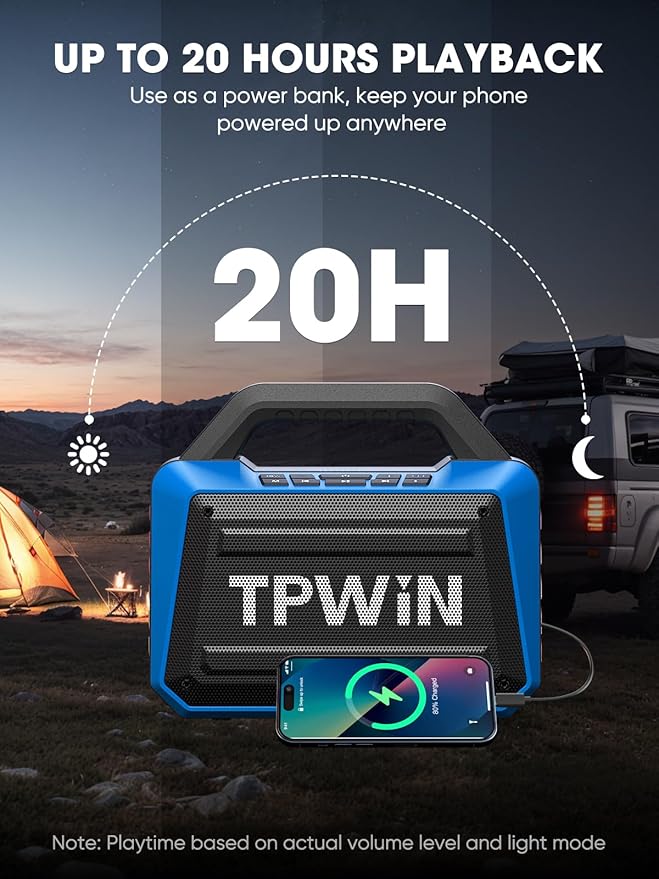TPWIN Portable Bluetooth Speakers Loud - Wireless Speaker 80W Peak, Light Show, 20H Playtime, Strong Bass, BT 5.3, TWS, IPX6 Waterproof for Outdoor Travel Beach Camping - Blue