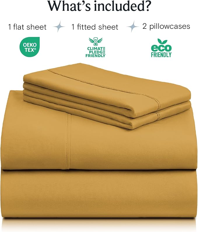 LuxClub 4 PC Full Sheet Set, Deep Pockets Wrinkle Free Cooling Bed Sheets Hotel Bedding for Women, Men, Kids & Teens, Includes 1 Fitted Sheet, 1 Flat Sheet and 2 Pillowcases-Soft Medallion Gold
