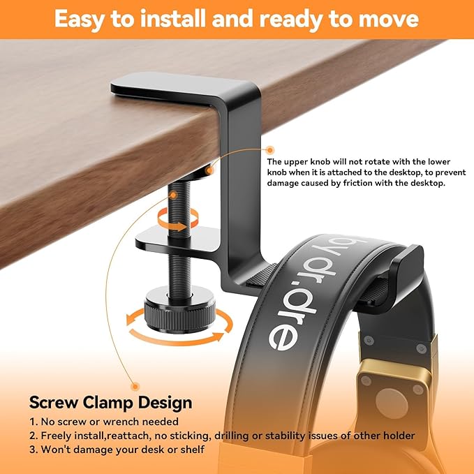 Yocice Headphone Hanger Holder Stand-Under Desk Headphone Hanger， Headset Hook Holder Space-Saving Aluminum Stand with Universal Fit for Gaming PC Accessories (Black-1PCS)