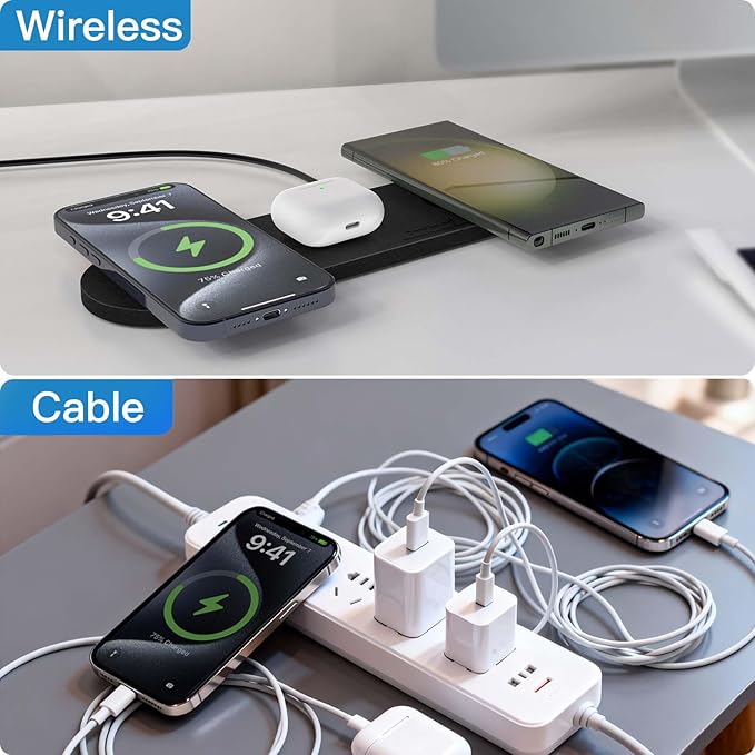 ZealSound Wireless Charging Pad,Triple Wireless Charger Pad Multiple Devices Compatible with iPhone Phone New AirPods Galaxy Buds Ultra-Slim PU Leather Wireless Charging Mat for Smartphone Phone Black