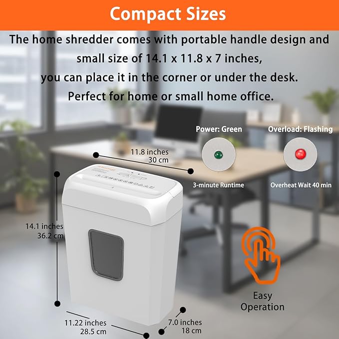 Bonsaii Low Noise Operation Paper Shredder, 6-Sheet Cross-Cut, Credit Card Shredder, Home Office, Handle for Document, Mail, Staple, 3.4 Gal Wastebasket, Easy-Carry Handle, White