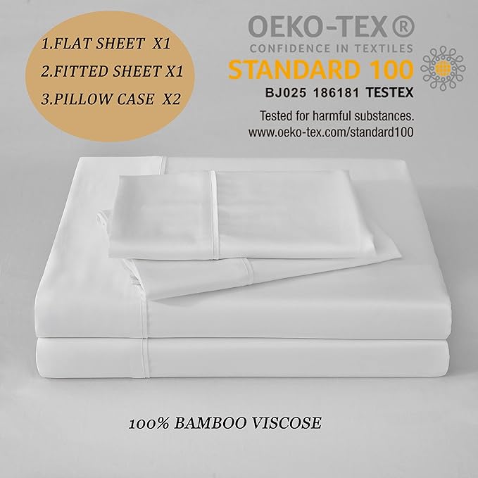 Linen World Cooling Bed Sheets Set King Size,100% Organically Grown Viscose Sheets,Deep Pocket Up to 16",4 Pieces Silky Soft,Breathable Bedding Sheets & Pillowcases(White,King)