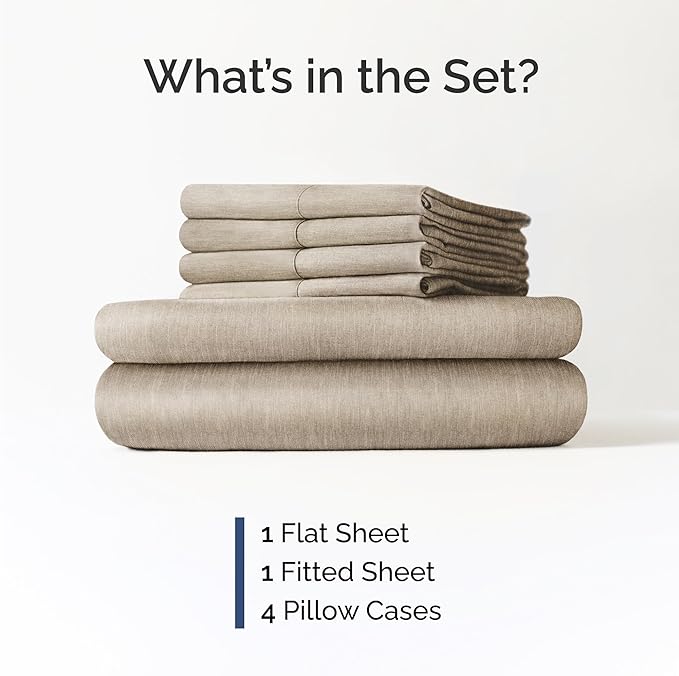 Queen 6 Piece Sheet Set - Cooling & Breathable - Hotel Luxury Bedding, Includes Fitted Sheet for Women, Men, Kids & Teens - 1 Flat, 1 Fitted Sheet, 4 Pillowcases w/Deep Pockets - Heathered Beige