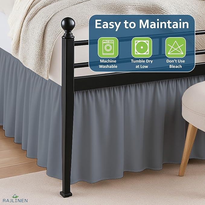 Rajlinen Ruffled Bed Skirt California King, 10 Inch Drop Dust Ruffle with Split Corners, 100% Microfiber Bedskirt with Platform, Three-Sided Coverage Ruffled Gathering Design, Dark Grey