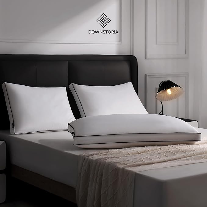 Feather Down Pillows Standard Size Set of 2 with Gusset, Luxury Hotel Collection Bed Pillow 2 Pack, Down Surrounded Gusseted Pillows for Sleeping, Soft for Side, Back Sleepers 20x26 in.