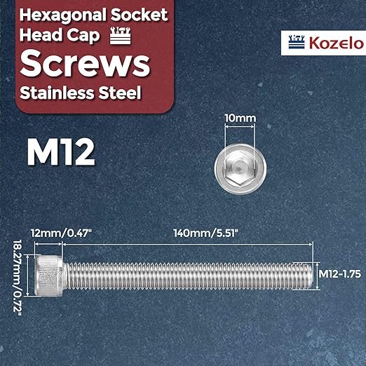 Kozelo 2pcs Socket Head Cap Screws - [M12-1.75 x 140mm] 304 Stainless Steel Allen Socket Drive for Electrical Motor 3D Printing Fan Engine Replacement Use, Silver