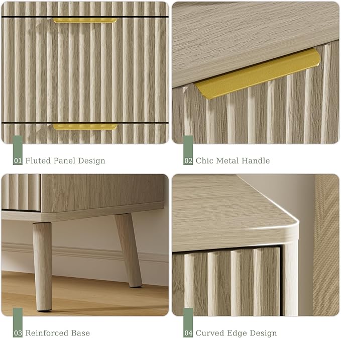 LYNSOM Fluted Dresser and Nightstand Sets 3 Piece, 5-Drawers Dresser and 1-Drawer Nightstands Set of 2, Wood Bedroom Furniture Set for Home, Bedroom, Hallway, Beige