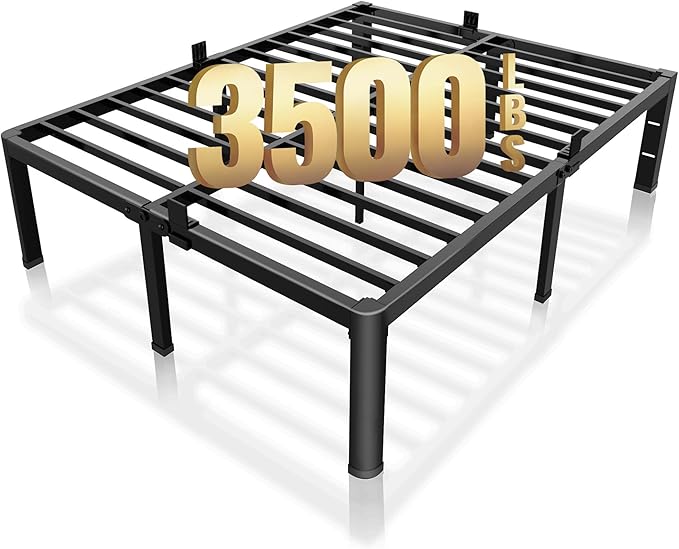 ROIL 18 Inch Queen Bed Frame with Rounded Corner and Headboard Hole Mattress Retainers 3500LBS Metal Heavy Duty Steel Slats No Box Spring Needed Platform Noise-Free Easy Assembly