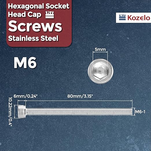 Kozelo 10pcs Socket Head Cap Screws - [M6-1 x 80mm] 304 Stainless Steel Allen Socket Drive for Electrical Motor 3D Printing Fan Engine Replacement Use, Silver