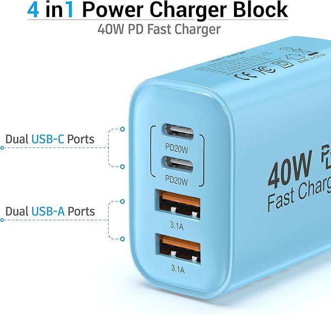 TT&C USB C Block 40W, 4 Ports Wall Plug Fast Charging Block, PD+QC Multiport Power Adapter USB C Charger Type C for iPhone 17, 17 Air, 17 Pro, 17 Pro Max, 16,15,14,13,12, Galaxy Phones (Blue 1Pack)