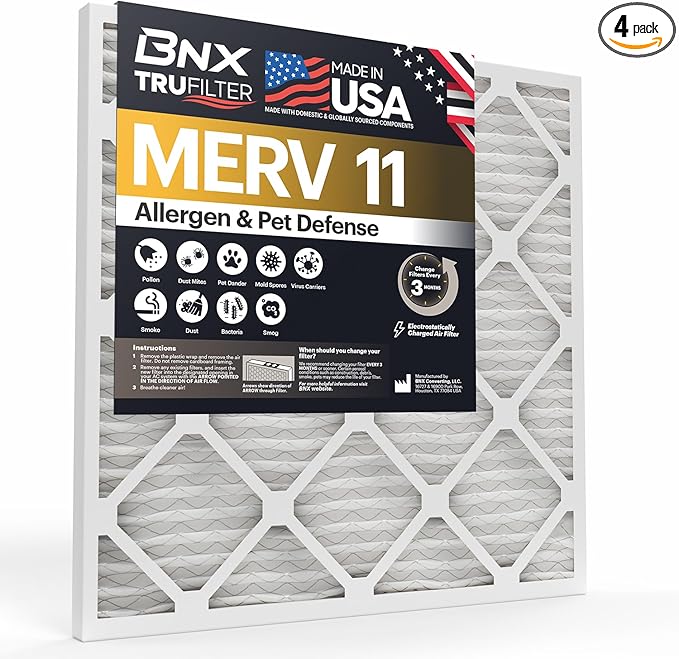 BNX TruFilter 10x30x1 Air Filter MERV 11 (4-Pack) - MADE IN USA - Allergen Defense Electrostatic Pleated Air Conditioner HVAC AC Furnace Filters for Allergies, Dust, Pet, Smoke, Allergy MPR 1200 FPR 7