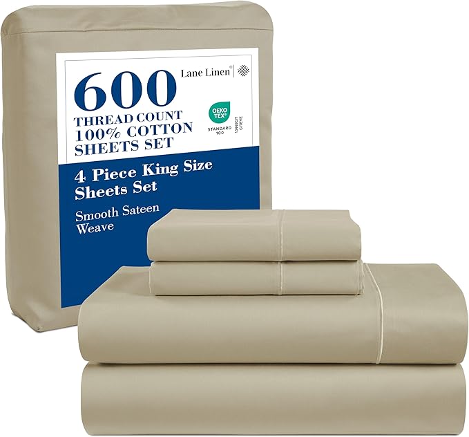 LANE LINEN King Size Bed Sheet Set – 600 Thread Count Long-Staple 100% Cotton Sheet Set King Size, Hotel Premium Soft Silky Sateen Finish, Durable Bedding Set, Elasticised 15" Deep Pocket – Linen