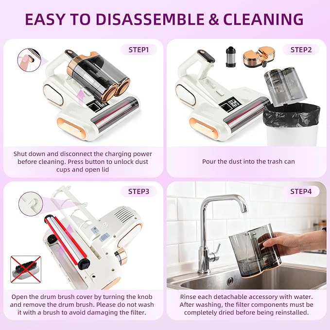 BESTING Mattress Vacuum Cordless with 16Kpa Suction & HEPA Dust Cups, 253.7nm UV-C Light & Ultrasonic, Low Noise Widened Suction Port Handheld Vacuum for Bed Pillows Couch Car Seat Rugs, Pearl White