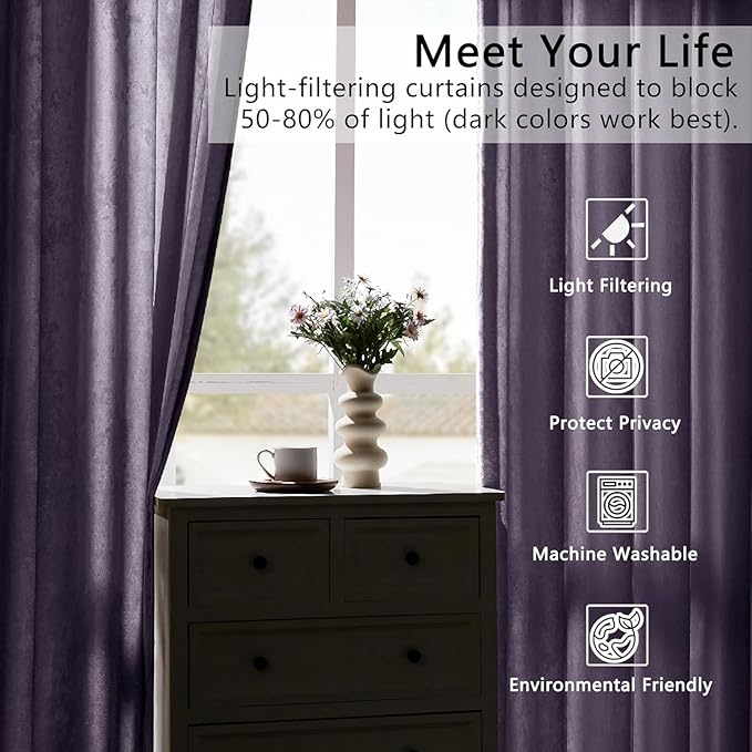 SMILETIME Lilac Purple Crushed Velvet Curtains 52x108 inch Luxurious Thermal Insulated Soundproof Drapes for Living Room Bedroom Office Soft and Durable Light-Filtering Window Treatments, 2 Panels