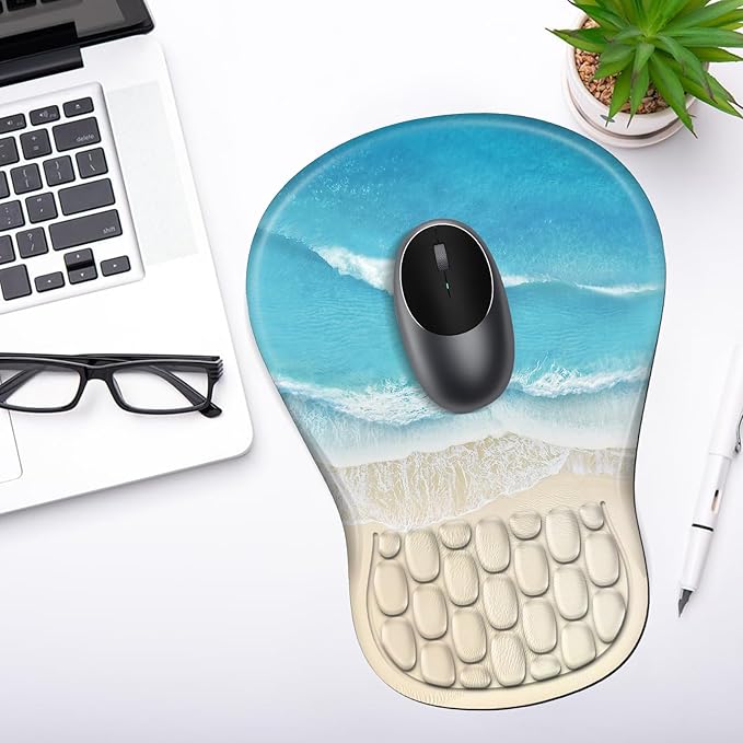 YIWEI Ergonomic Mouse Pad with Wrist Rest - Comfortable Office Mousepad with Memory Foam Wrist Support for Carpal Tunnel Relief, Mouse Pads with Non-Slip Base for Gaming and Home (Beach-1)
