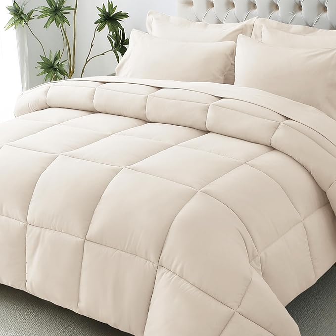 JOLLYVOGUE Oversized Queen Comforter Set, Ultra-Soft Bed in a Bag Oversized Queen Size 7 Pieces, Oeko-TEX Certified Bedding Set with Down Alternative Comforter, Sheets, Pillowcases & Shams, Beige