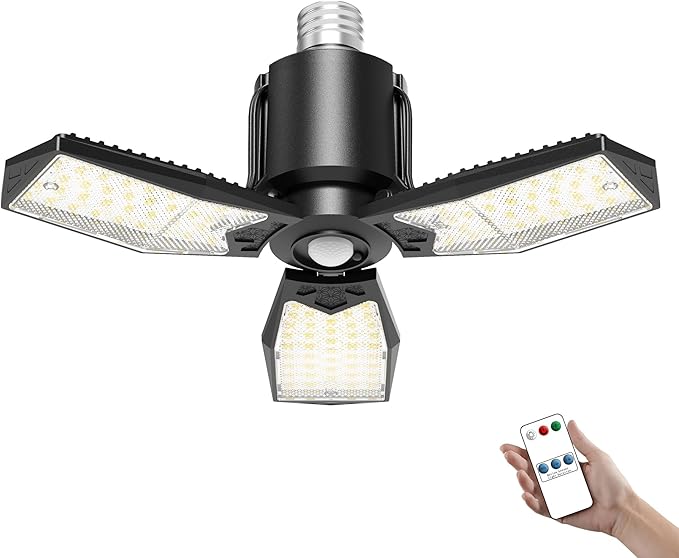 Kryoza Motion Sensor Garage Light 80W 8000LM, Motion Activated Shop Light with 360° Detection and 3 Deformable Panels, 3 Modes Screw-in Garage Ceiling LED Bulb for Indoor Basement, Attic 1-Pack