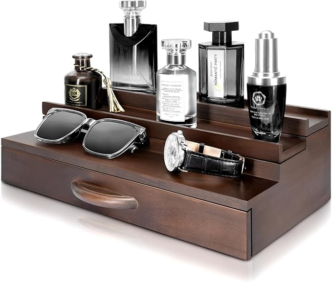 EOSAHR Farmhouse Wooden Cologne Organizer for Men - 3 Tier Perfume Stand Organizer for Dresser with Storage Drawer and Hidden Compartment - Great Gift for Men (Retro Brown)