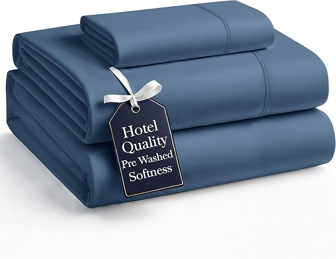 Casa Platino Bedding Sheets & Pillowcases, 3 Piece Set, Pre-Washed Fade Resisitant Cozy Twin Bed Set, 100% Hydro-Brushed Microfiber, Twin Sheet fits up to 15 inch Mattress- Estate Blue