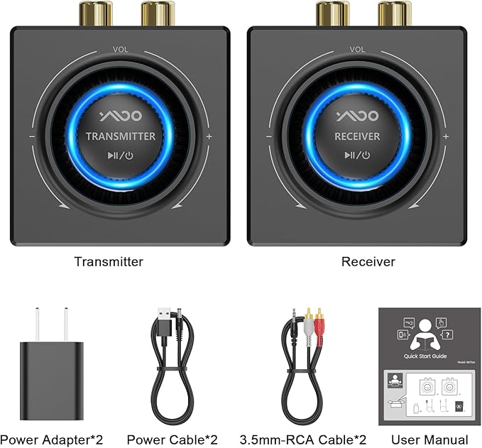 YMOO 2.4GHz Wireless Audio Transmitter and Receiver for TV, 25ms Low Latency, 200Ft Long Range, Wireless Audio Adapter Kit with AUX RCA in/Out for Stereo/Soundbar/Speaker/Amplifier/PC