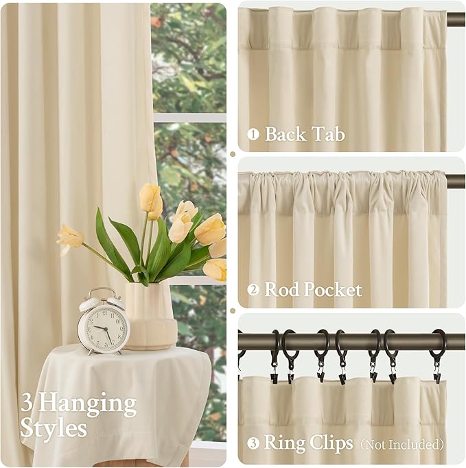 LAMIT Beige Velvet Curtains for Living Room 96 Inches Long, Elegant Thermal Panels Noise Reducing Back Tab and Rod Pocket Drapes for Bedroom/Farmhouse, 2 Panels, 52 x 96 Inch